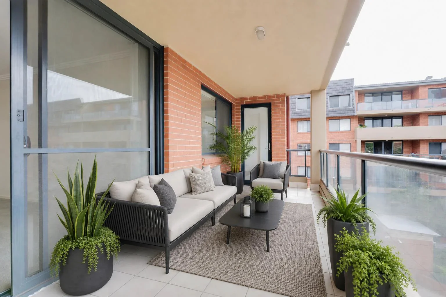 A balcony staged with SecondLight, with outdoor furniture and plants placed on the existing tile