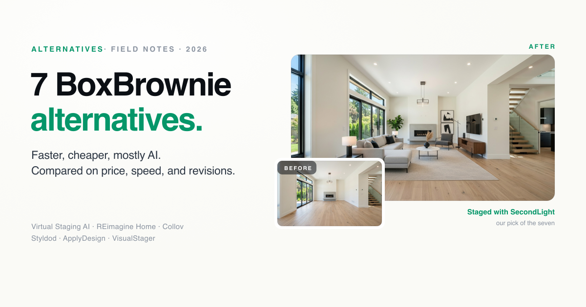 Before and after: an empty living room staged with SecondLight, one of seven BoxBrownie alternatives.