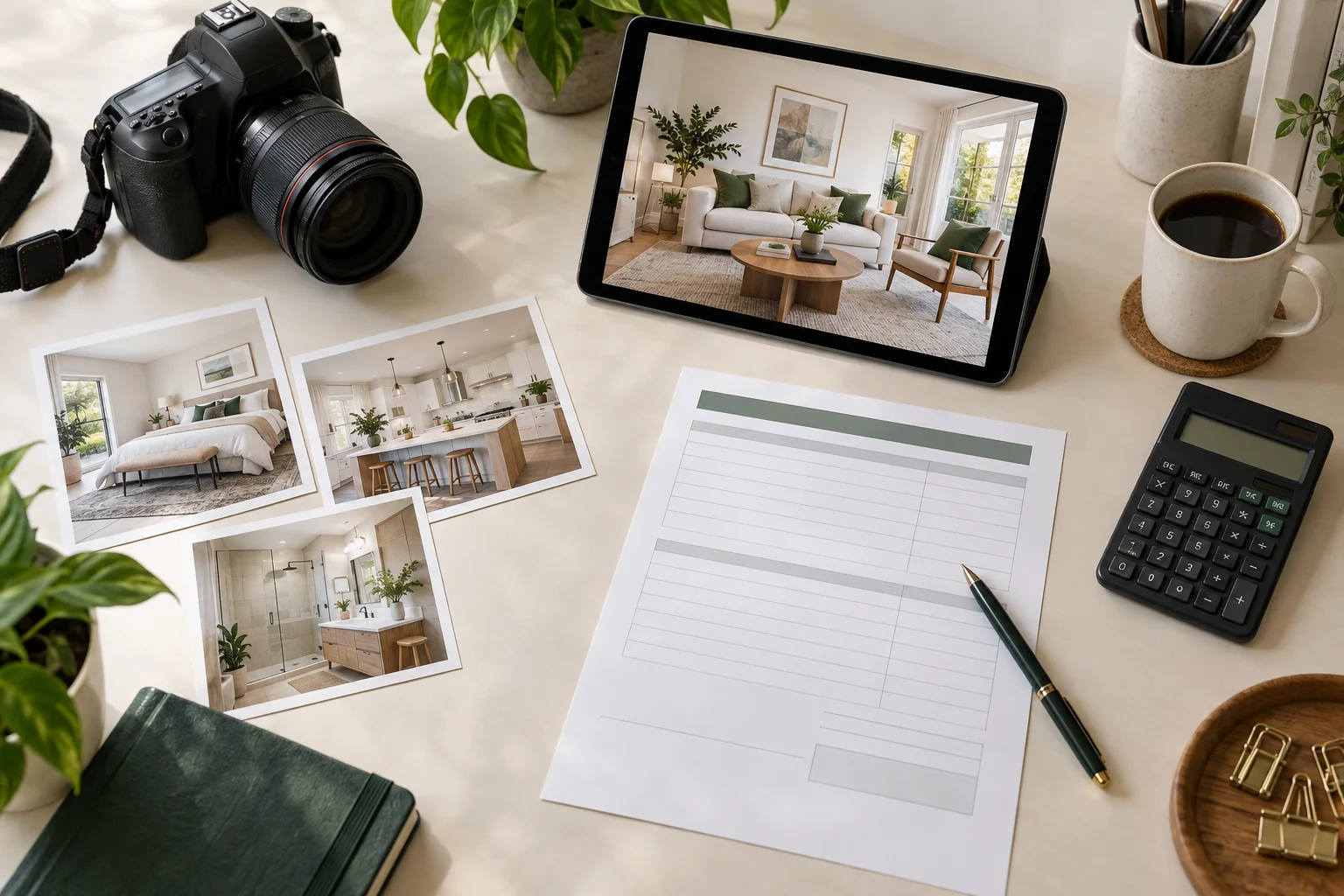 A photographer’s desk with a camera, staged-room previews, calculator, and pricing worksheet for a virtual-staging service.