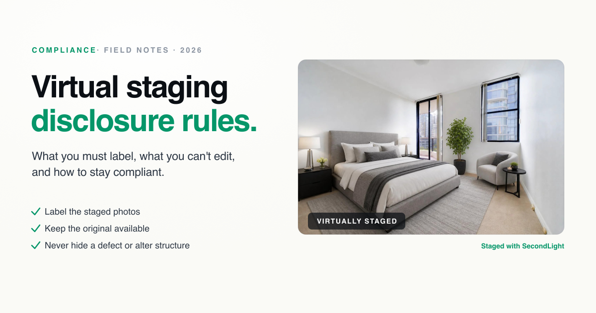 A bedroom staged with SecondLight, labeled 'Virtually staged' to illustrate proper disclosure.