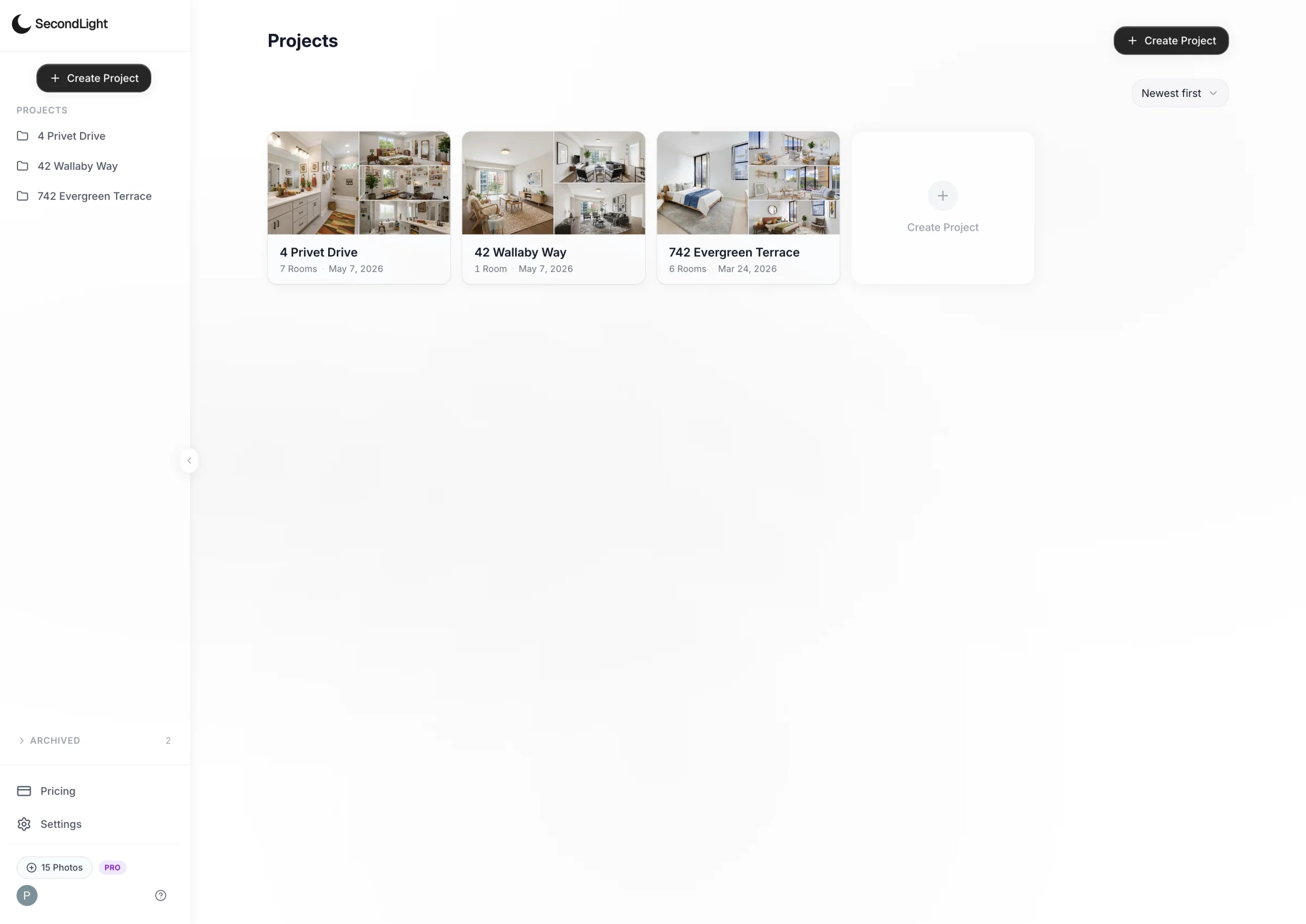 SecondLight dashboard — projects grid with thumbnail mosaics, sort + new project controls, credit balance in the sidebar.