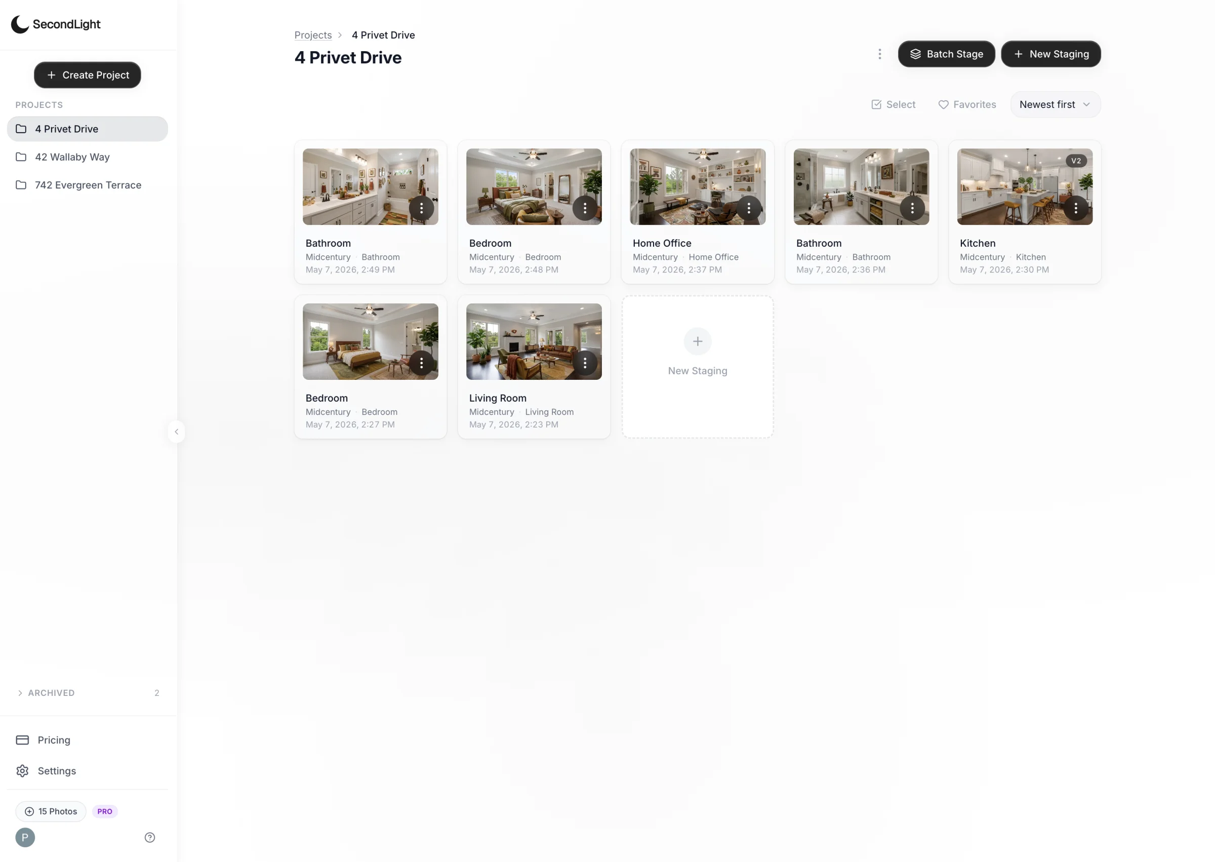 SecondLight project page — grid of source images grouped by room with staging counts, favourites tab, sort dropdown.