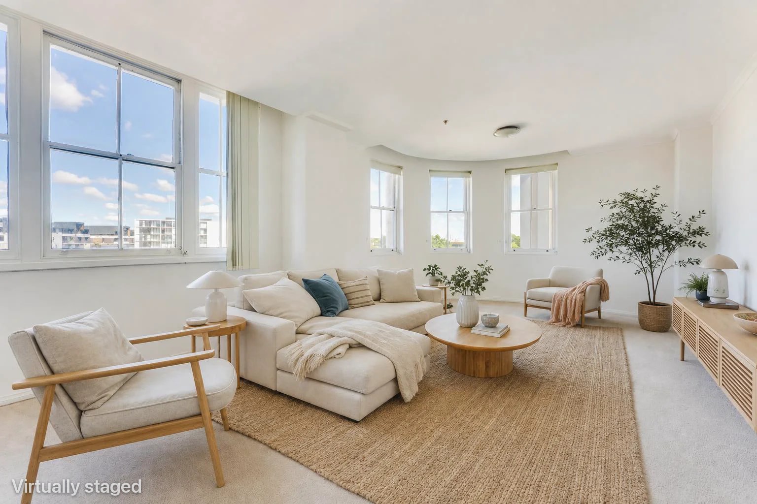 A virtually staged living room with a Virtually staged disclosure watermark in the lower-left corner